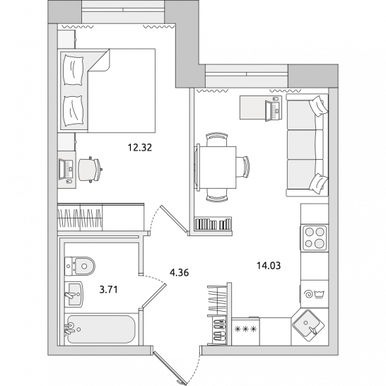 Однокомнатная квартира 34 м²