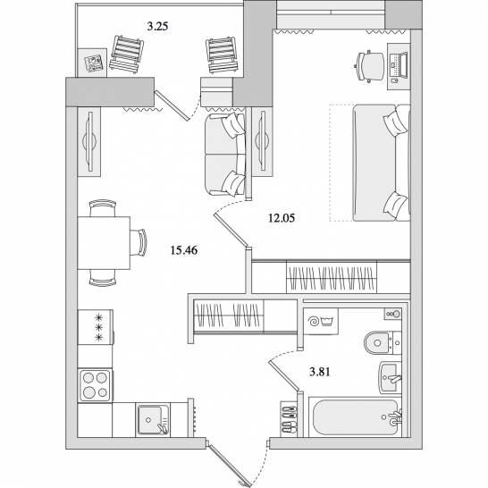 Однокомнатная квартира 39 м²