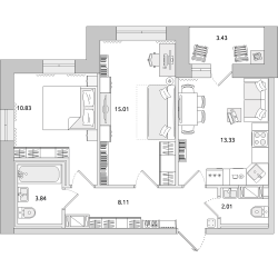 Двухкомнатная квартира 57 м²