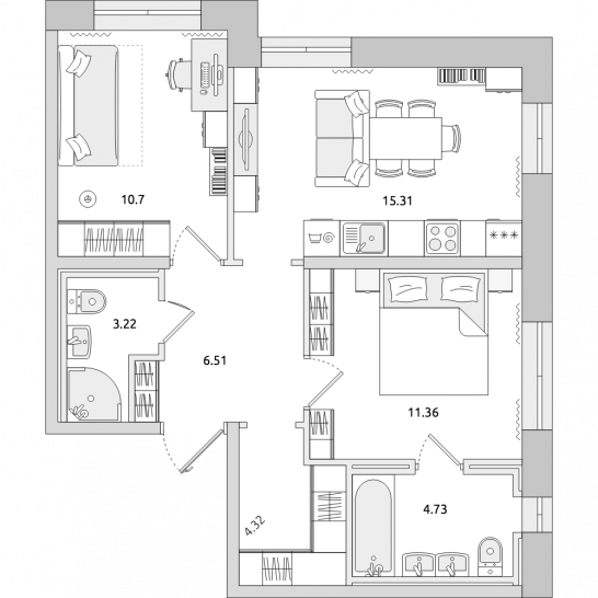 Двухкомнатная квартира 56 м²