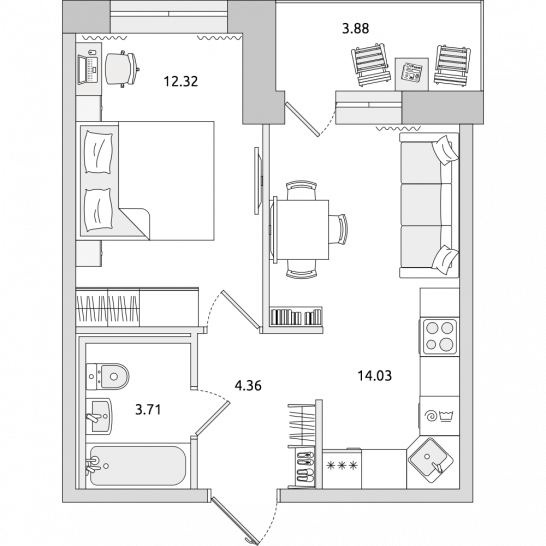 Однокомнатная квартира 38 м²