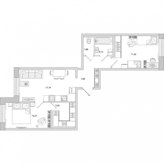 Двухкомнатная квартира 61 м²