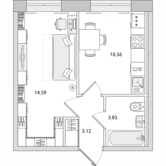 Однокомнатная квартира 32 м²