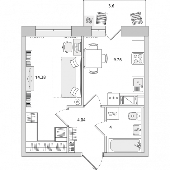 Однокомнатная квартира 36 м²