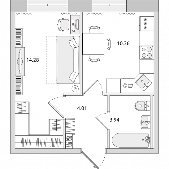 Однокомнатная квартира 33 м²